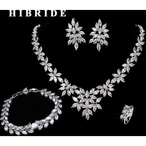 HIBRIDE Luxury Leaf Shape Cubic Zircon Bracelet/Ring/Earring/Necklace Women Jewelry Sets With 4 pieces Wedding Gifts N-206