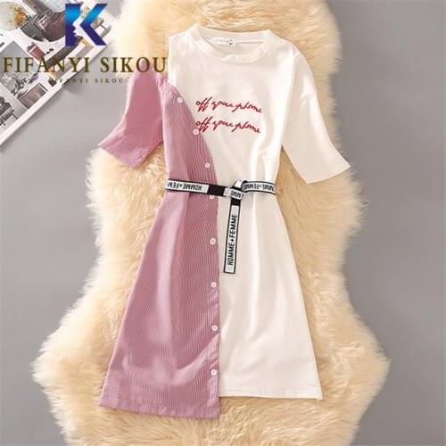 Summer Dress 2021 Women Stripe Spliced Fashion Embroidery Asymmetry Midi Long Dress Female O-Neck Short Sleeve Casual Dresses