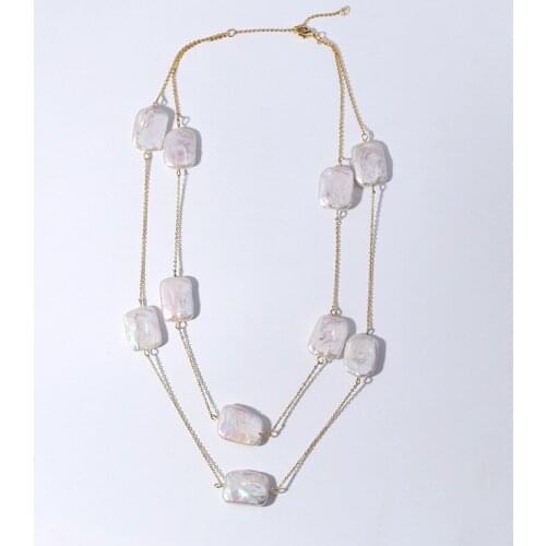 Women double layer square nutural baroque pearl neckalce with gold plated chain choker