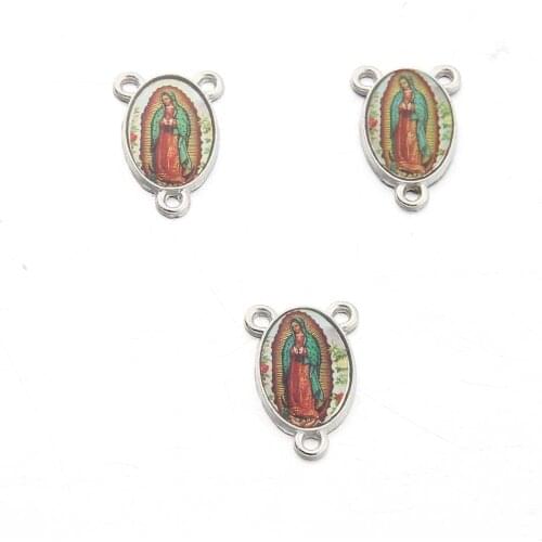 12pcs Rosary Centers Centerpiece Saints Image Sticker Catholic Medal Jesus Mary Holy Family Gold Silver Religious Connector