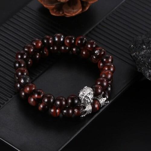 Statement Crown Micro Inset Zircon Lion Head Women Men Bracelet Charm Red Tiger Eye Stone 2/Set Elastic Beads Bangle Bracelet