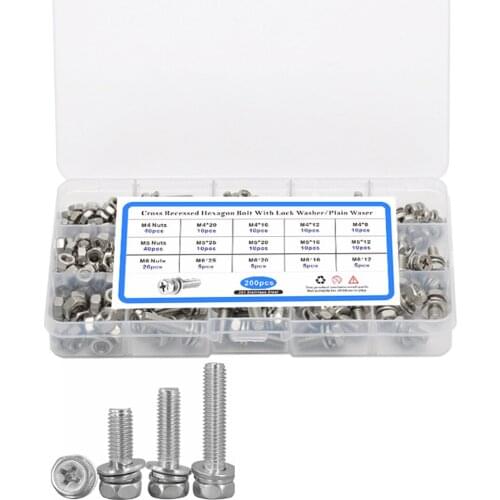 200Pcs/Box M4 M5 M6 Cross Recessed Phillips Hex Head Screw Nut And Washer Three Combination Set Stainless Steel Assortment Kit