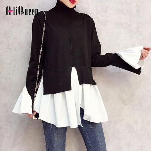 2019 Keroan Autumn Patchwork Pullovers Knitted Top Women Sweater Asymmetric Hem Turtleneck Flare Sleeve Female Jumper Sweaters