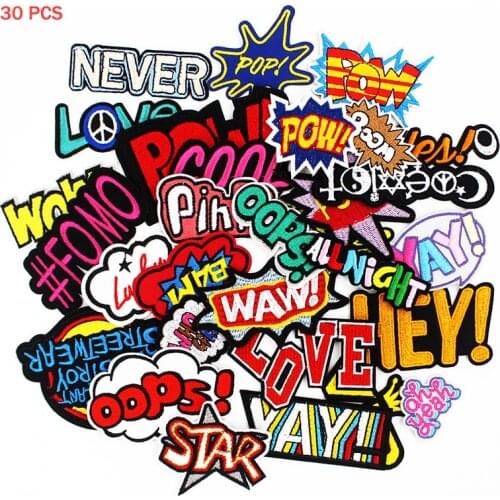 Wholesale Patches Letters Embroidered Iron on badges Handmade Fabric Sticker for Clothing Jacket DIY Appliques 30 pcs a lot