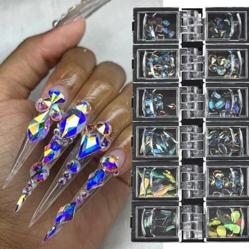 3D Crystals Nail Rhinestones Mixed Size AB Flatback Diamond Nail Art Decorations DIY Tips Shiny Manicure Glass Gems 12 Grids/Set