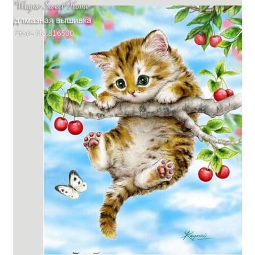 5D Diy Diamond Painting Animal Cat 3D Cross Stitch Diamond Embroidery Cherry Needlework Diamonds Wall Stickers Home Decor