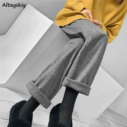 Casual Pants Women Solid Wide Leg Trousers Comfortable Warm Winter Leisure Female Stylish High Waist Korean Style Thicker New