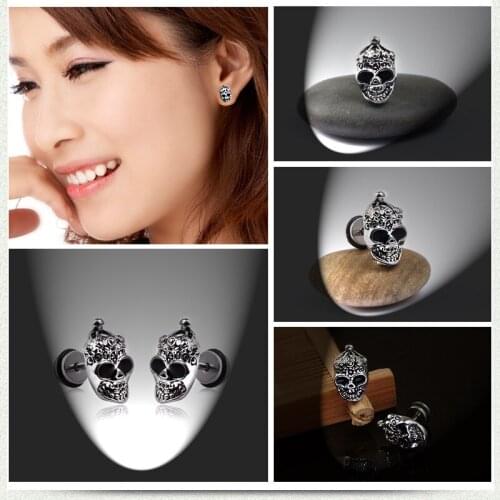 Titanium Steel Skull Head Hip Hop Rock Tide Dumbbell Earrings Earrings Men And Women Jewelry Hypoallergenic Earrings