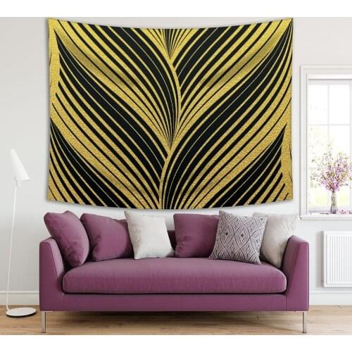 Tapestry Gold Leaf Pattern on Black Background Abstract Waves Curvy Lines Stylish Artwork