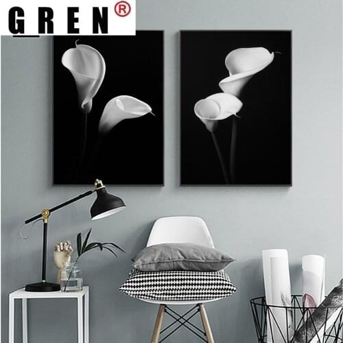 GREN Nordic Black and White Flower Minimalist Canvas Painting Wall Art Painting Print Poster Picture Living Room Home Decor