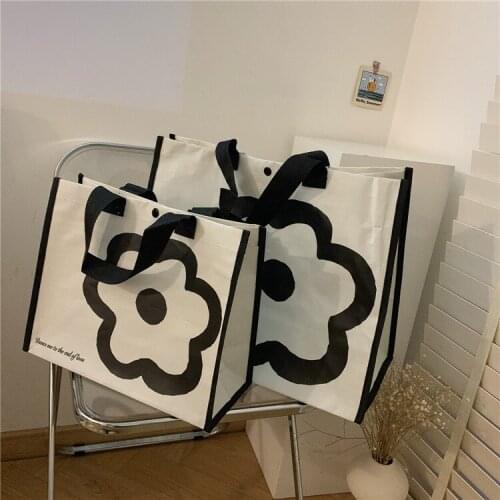 Flower Canvas Fashion Black Women White Ins Shoulder Bag Shopping Tote Flax Cotton Shopping Bags Maximal School Book Bag