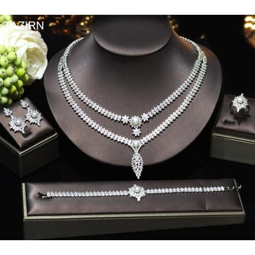 Trendy Charming Cubic Zirconia Bride Jewelry Set Pearls Necklace Bracelet Earrings Ring Wedding Dress Ornaments Women Best Gifts