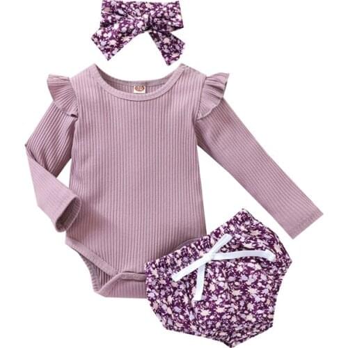 Three Piece Baby Girls Clothes Fashion Solid Color Long Sleeve Romper and Floral Shorts with Headband Fashion Toddler Clothing