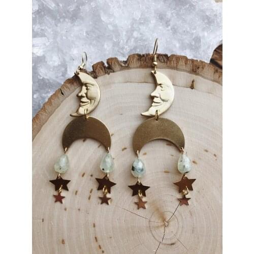 Crystal Quartz Moon and Star Earrings with Mossy Drops,Lunar Gift,Drop Earrings,Crystal Earrings, Witchcraft Celestial Earrings