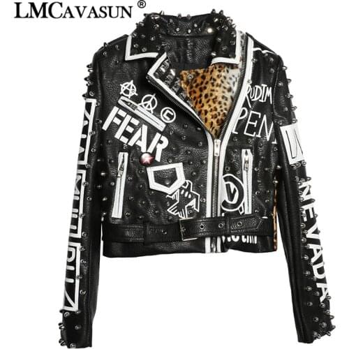 LMCAVASUN 2019 Rivet Decoration Coat Autumn Outerwear Letters Print PU Leather Jacket Women Short Coat Black Jackets Coats