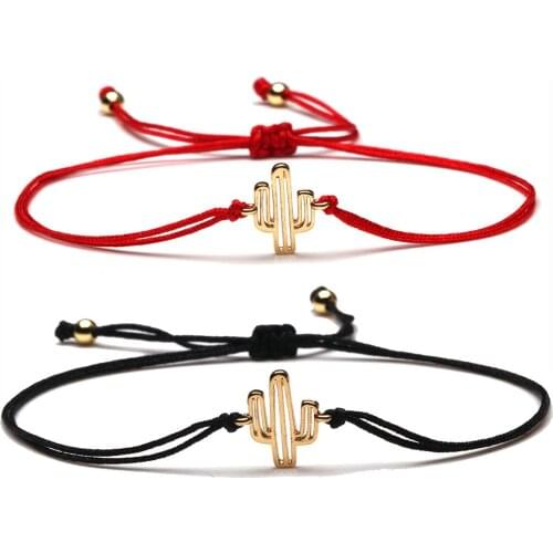 Gold-plated Copper Cactus Lucky Charm Bracelet Women Men Girl Red String Handmade Plant Summer Beach Zirconia Jewelry Present