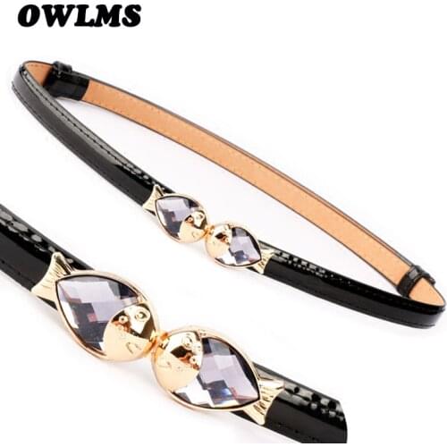 Fashion Crystal Fish Cummerbunds Woman Gold Metal Hasp Buckle Adjust Waistbands Black Thin Patent Leather Belts For Women Dress