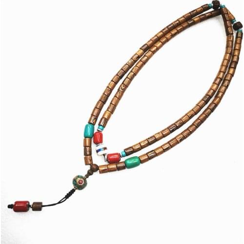 Real Wenge Wooden Long Necklace 108 Buddhist Weng Prayer Meditation Mala Free ship BRO958