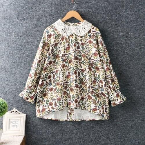 New Spring Women Blouse Japan Style Fresh Hook flower Peter Pan Collar Plaid Pullover Tops Long Sleeve Cotton Shirt
