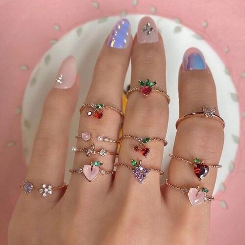 New fruit cz Ring jewelry gold color cute small fruit design peach cherry grape apple strawberry cz ring for women jewelry