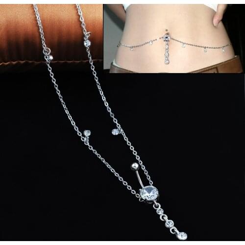 2016 Wholesales Belly Chians Dangle Austria Crystal Navel Bar Silver Plated Belly Chain 70*16cm Dangle Body Jewelry Piercing