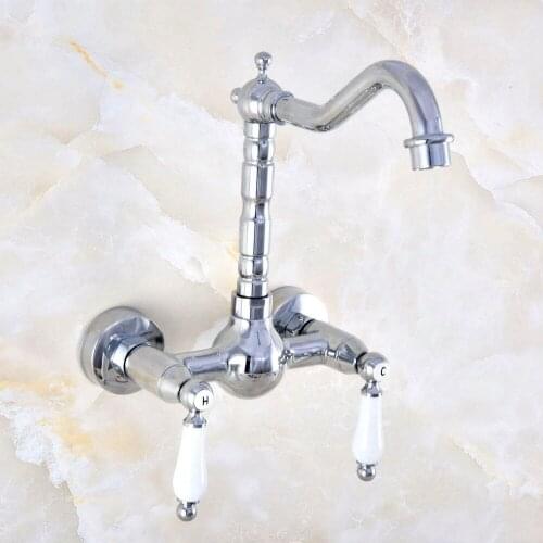 Polished Chrome Brass Wall Mount Kitchen Sink Faucet Swivel Spout Mixer Tap Dual Ceramics Handles Levers anf561