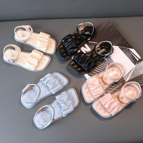 Girls Sandals Summer Soft PU Pleated Fashion Casual Solid Color Roman Shoes Outdoor Childrens Beach Shoes