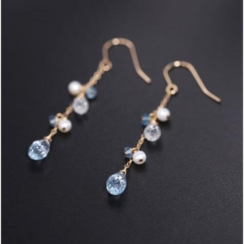 DAIMI GEMSTONES Sky Blue Topaz Tassel Earrings Female Genuine Yellow 14k Gold Filled Pearl Earrings