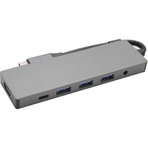 USB C Hub 6-In-1 Portable with 4K HDMI-Compatible Output 3 USB 2.0 Ports USB C 20W PD 3.5Mm Audio Port Hub Adapter