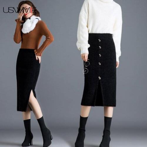 High Waist Skirt Spring Thickened Mink Like Knitted Split One Step Midi Skirt Casual Elastic Waist Soft Streetwear Pencil Skirt