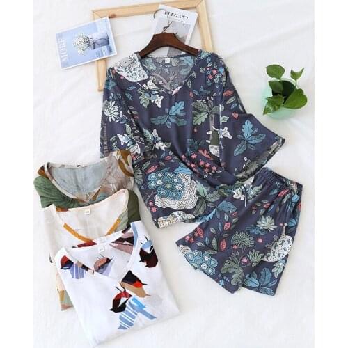 Fdfklak Womens Pajamas Sets 2020 Summer New Print Pyjama Femme Nighty Homewear Loungewear Cotton Sleepwear V-Neck Pijama