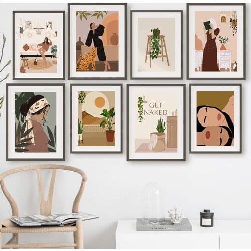 Bohemian Woman Leopard Cat Monstera Plant Nordic Posters And Prints Wall Art Canvas Painting Wall Pictures For Living Room Decor