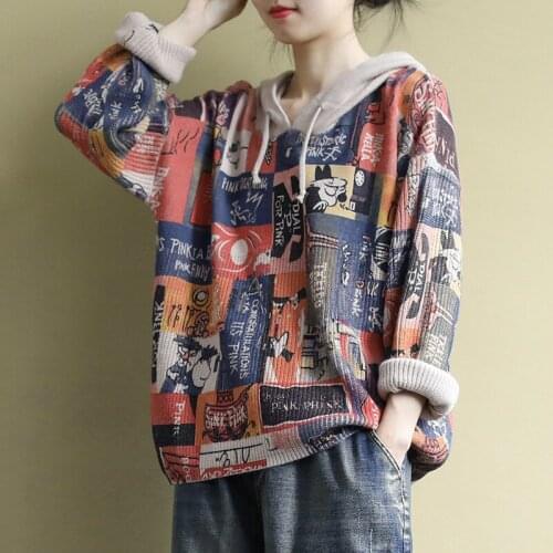 Women Sweater Autumn and Winter Literary Retro Printing Sweater Loose Large Size Hooded Pullover Sweater