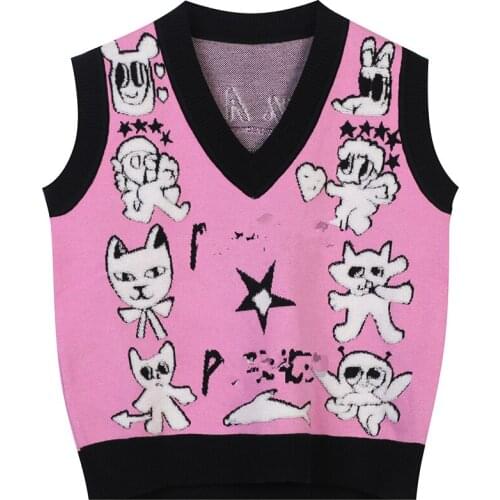 Womens Cartoon Jacquard Pink Knitted Sweater Vest Autumn Winter Warm V-neck Female Loose Sleeveless Pullover Jumper