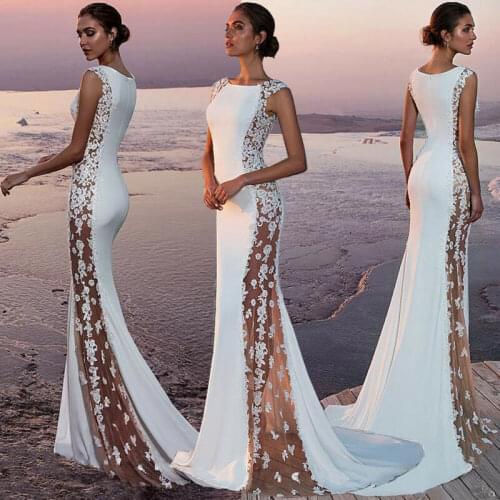 Women Lace Sleeveless Sexy Hollow Out Long Evening Party Ball Gown Bodycon Prom Gown Elegant Formal Dress White
