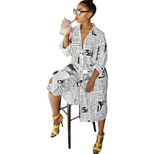 Newspaper Print Long Sleeve Shirt Dress Women Turn-Down Collar Button Up Blouse Dress Ladies Streetwear Oversized Shirt Dress