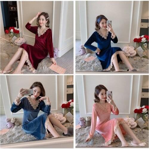 Gold velvet nightdress womens autumn and winter long nightgown noble lace casual warm pure color home service sexy sleepwear