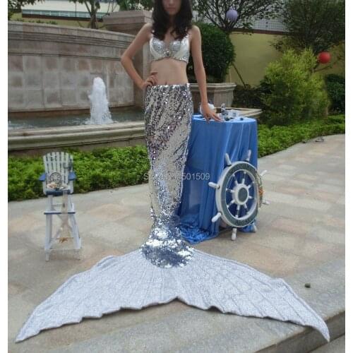 100% real photos silver color adult womens ladies full sequins rhinestone mermaid tail with beading top/mermaid cosplay