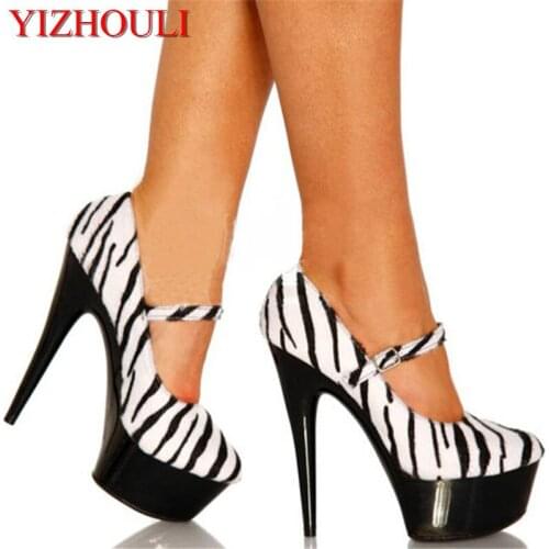 6 inches, summer sexy shoes, 15cm heels with zebra print sandals, party model runway, pole dancing shoes