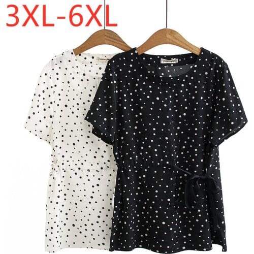 New 2021 Ladies Summer Plus Size Tops For Women Large Blouse Short Sleeve Loose Casual Black Belt Dot Shirt 3XL 4XL 5XL 6XL