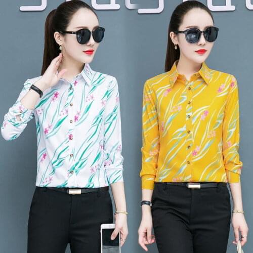 Blouses Womens Long Sleeve New Spring Autumn Korean Chiffon Bottoming Shirt Turn-down Collar Printed Top