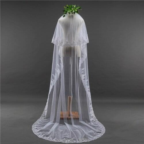 White or Ivory Two-Layer Charming Sequined Wedding Veils Lace Edge Tulle Veil for Bride with Comb HL