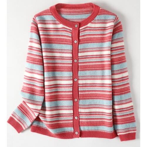2021 Spring Autumn New Round Neck Short 100% Pure Wool Cardigan Womens Knitted Top Sweater Color Striped Loose Cashmere Jacket