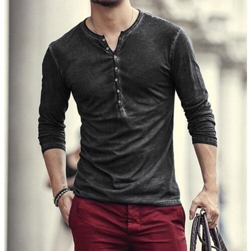 Men Slim Fits Long Sleeve T-shirt Solid Color Casual V Neck Thin Moisture-wicking Buttons Tee Shirt Male Clothing