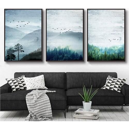 Cloudy Mountain Forest Image Nature Scandinavian Scenery Nordic Landscape Print Wall Art Canva Living Room Decoration Painting