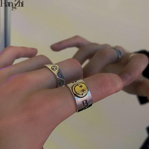 HangZhi 2020 New Retro Cute Yellow Smile Cartoon Face Thunder Star Wide Open Silver Color Couple Rings for Women Men Jewelry