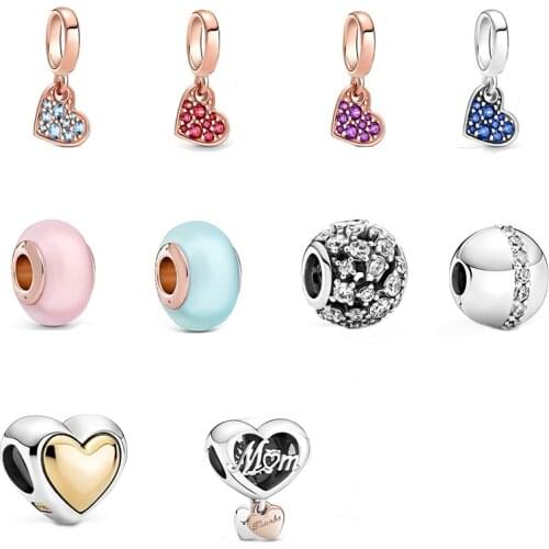 2021 New Openwork Matte Pink Blue Murano Glass Two Tonedomed Golden Stellar Blue Red Pave Tilted Heart Dangle Charm For Ladies