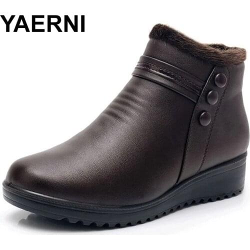 YAERNI New Women Shoes Woman Genuine Leather Flat Ankle Boots elderly Plus size Warm Snow Boots Mother Cotton Shoes Black Brown