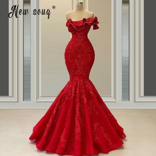 Luxury Red Lace Beading Mermaid Evening Dress Long Prom Gwons Strapless Celebrity Influencer Party Dresses Custom