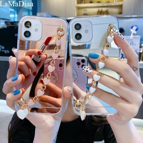 Luxury Love Heart Rhinestone Bracelet Glitter Bling Makeup Mirror Phone Case For iPhone12 11 Pro XS Max XR 6 7 8 Plus Soft cover